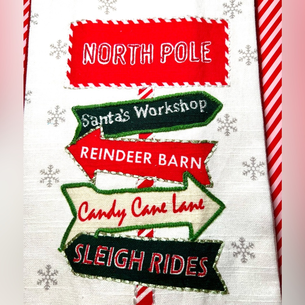 2 Christmas Street Signs Embroidered Kitchen Tea Towels North Pole Sleigh Rides